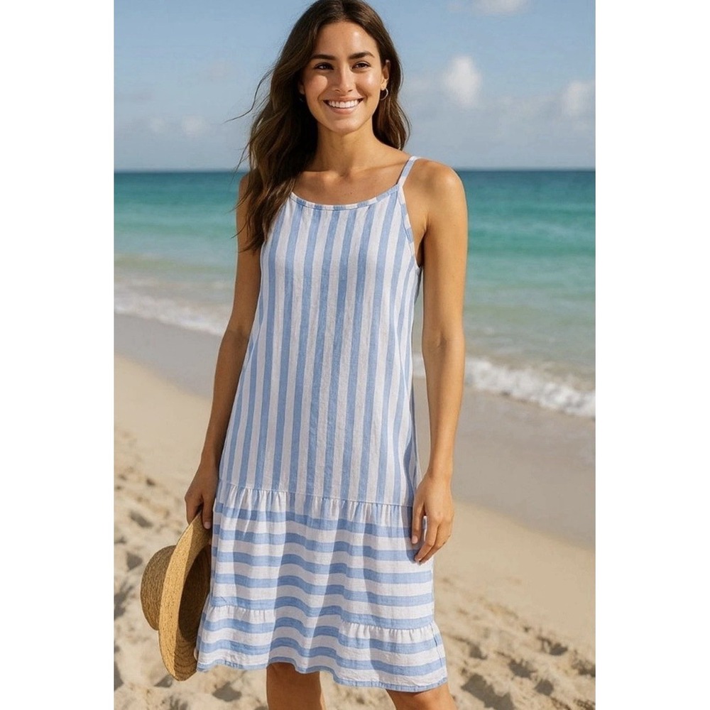 Lungo L'Arno Linen Striped Blue and White Beach Summer Dress size Medium NWT